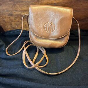 Anne Klein II Vintage Camel Leather Mini Crossbody Purse with Monogram Flap